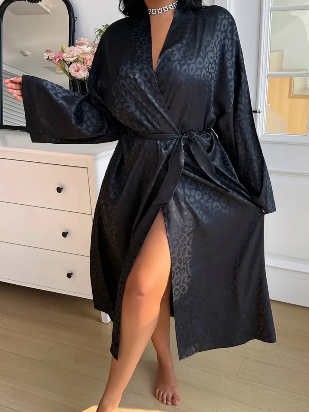 Black Satin Leopard-Print Wrap Robe - Women Intimates